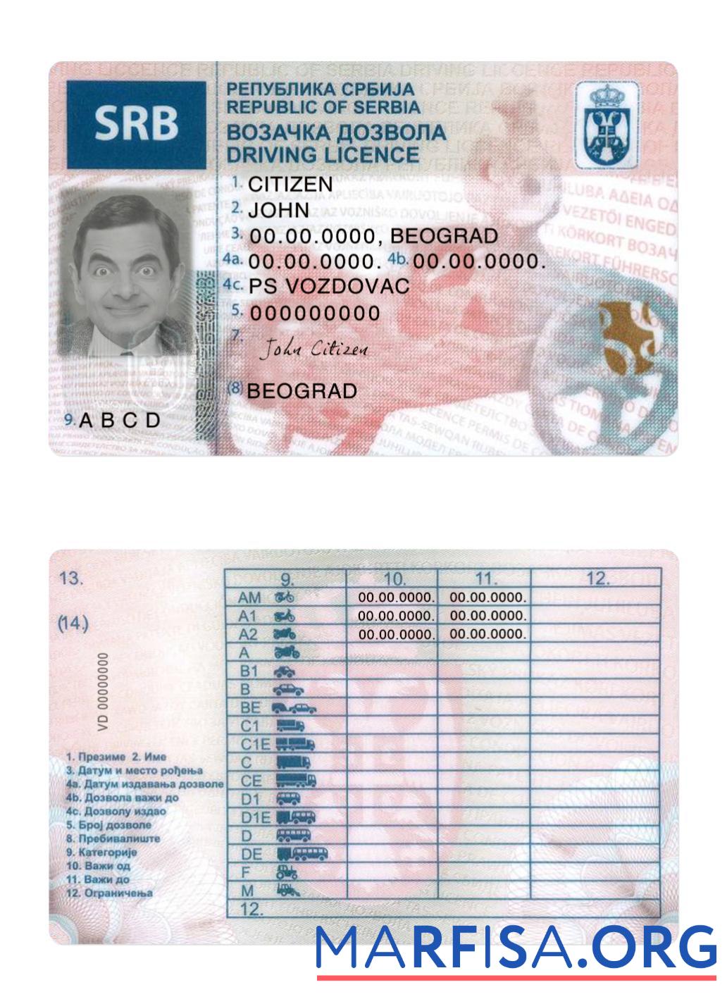 Blank Serbia driving license download for verification